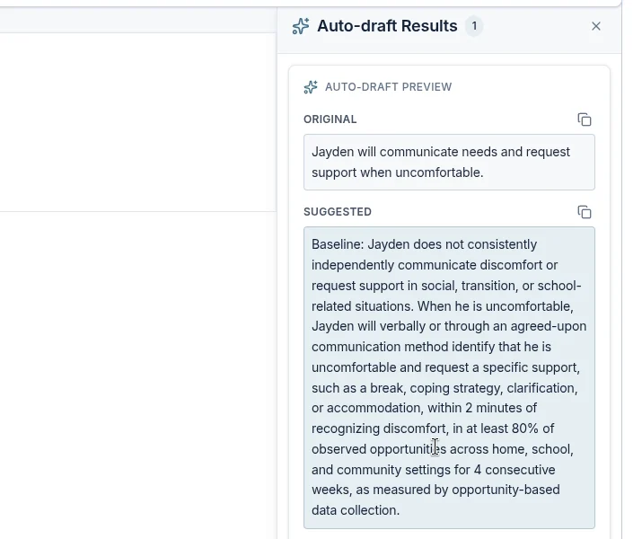 Abasure Auto-draft results comparing a BCBA's rough note with the expanded clinical wording