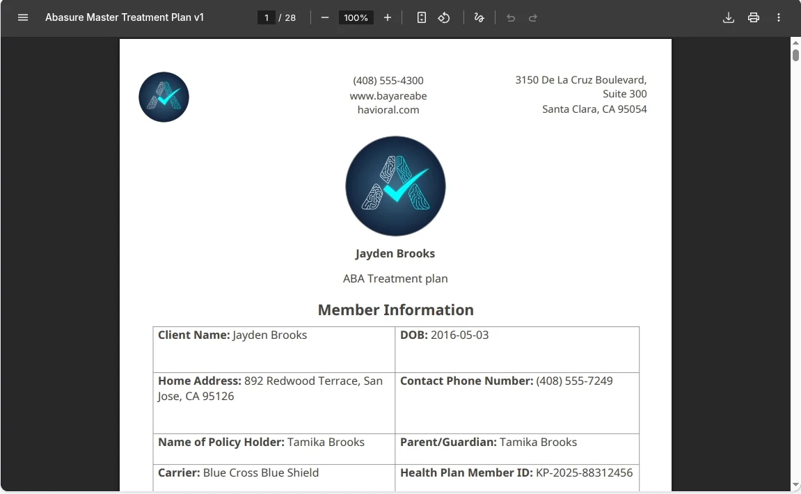 Abasure document preview showing a branded, formatted ABA treatment plan before export
